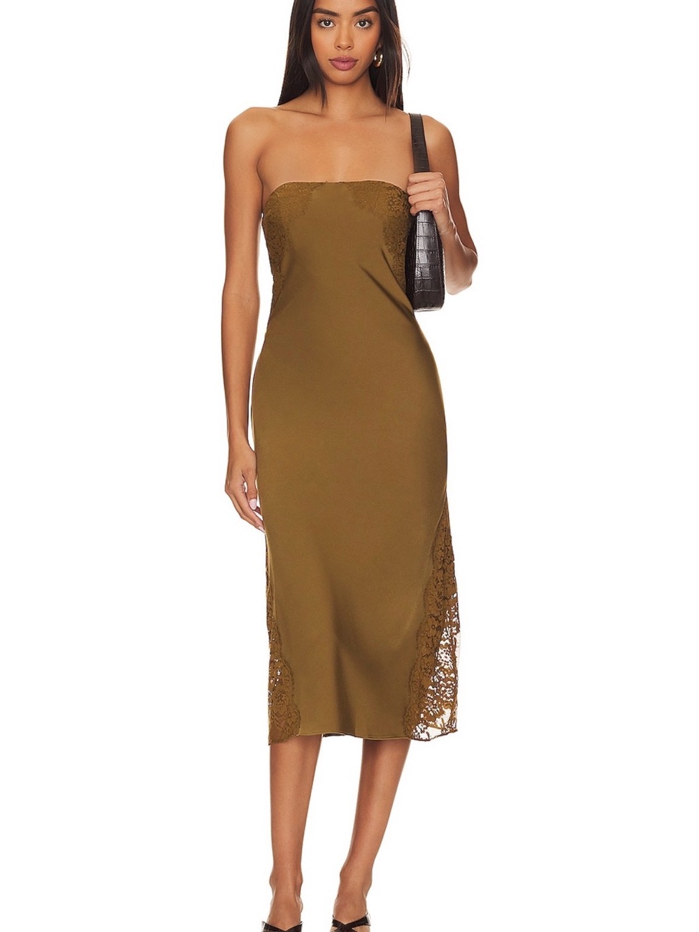 House of Harlow 1960 Francisca Olive Strapless Lace-Trim Midi Dress
